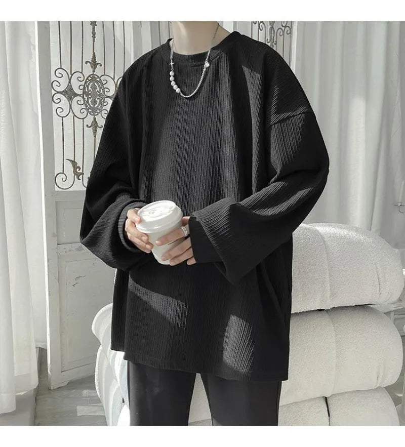Men's Long Sleeve T-Shirt - Classic Versatile Spring/Autumn New Student Korean Style Loose  Drape Trendy Niche Solid Color Top