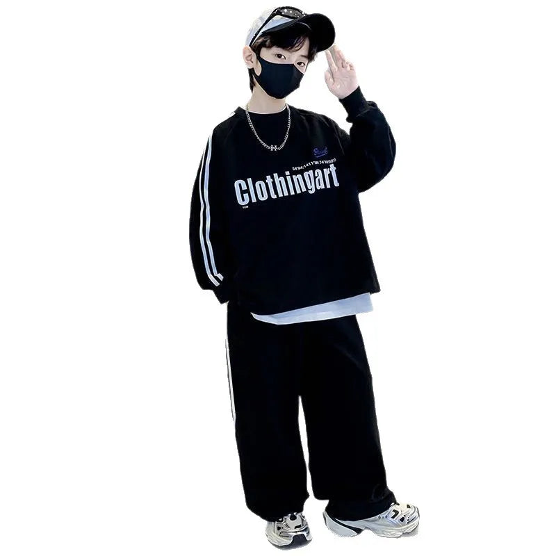Teenager boys Suit autumn winter Cloth letter striped sweatshirt hooded + wide leg Pants tracksuit 5 8 10 12 Year Child set