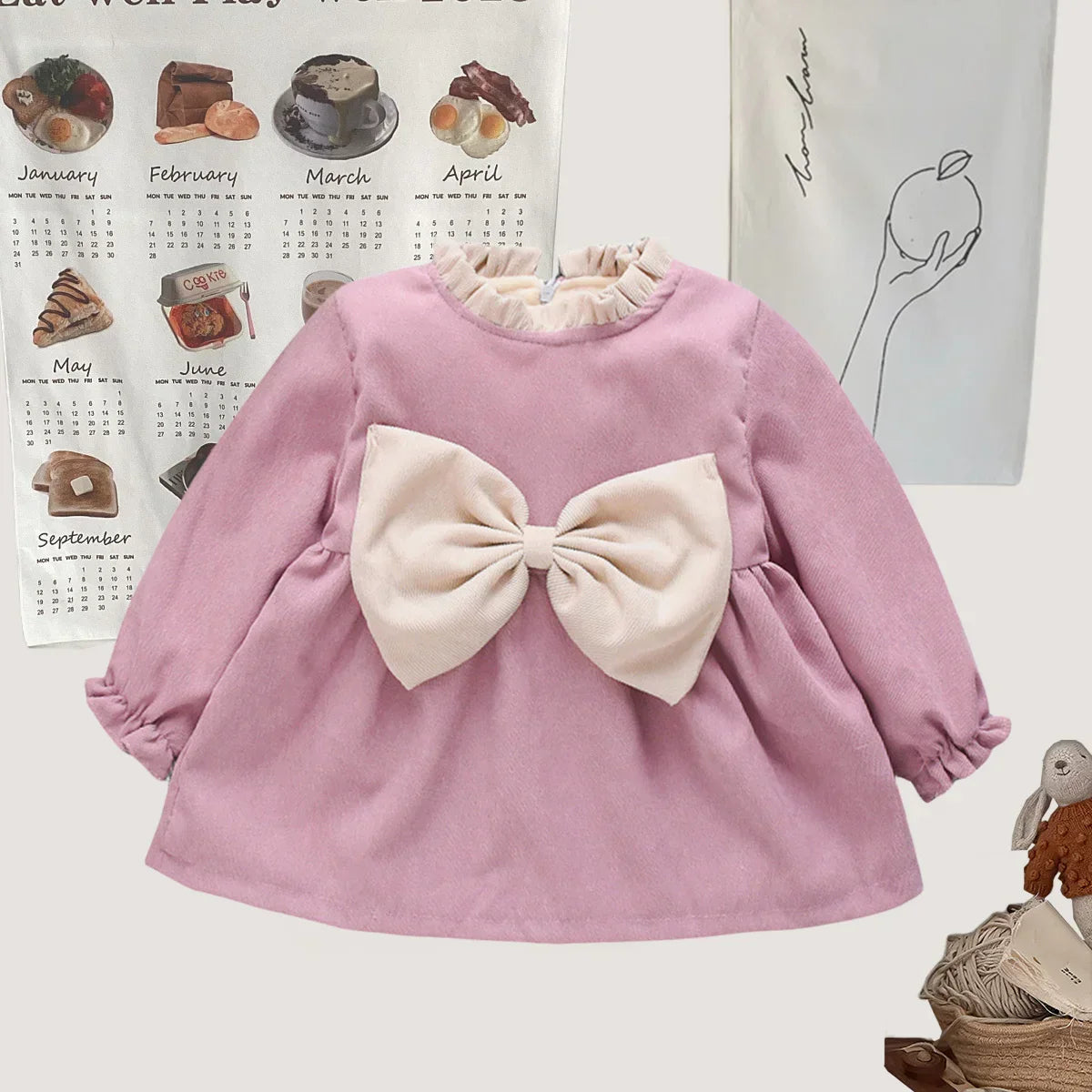 Winter Baby Girl Fleece Dress Bow Soft Standing Neck Solid Color Thickened And Warm Retro Baby Dress  (Available)