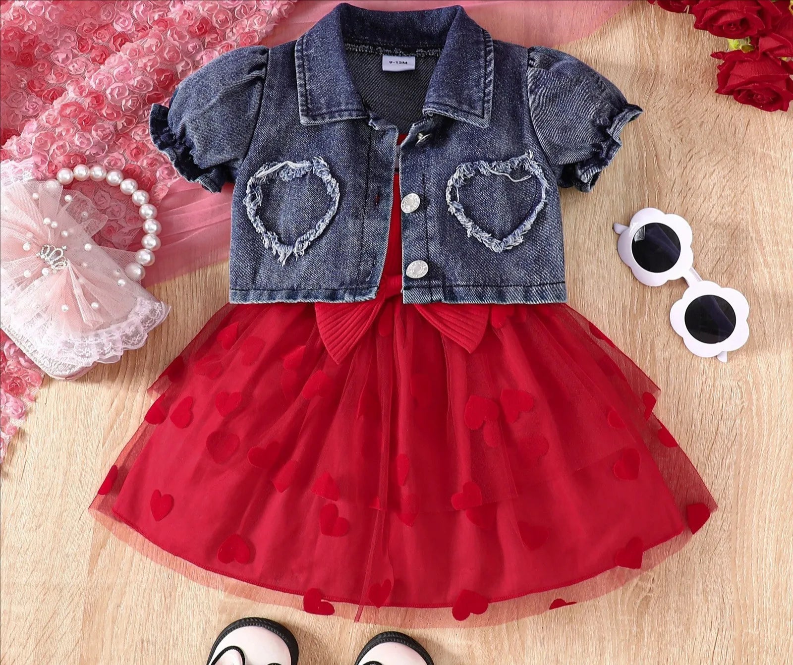 Summer 0-6Y Kids Clothes Girls Denim Collar Short Jacket 2pcs Set Sling Dress Bowknot Tulle Puff Skirt Girl Outfit