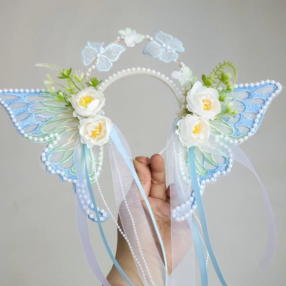 Fresh Sweet Butterfly Flowers Hairband Pearl Beads Silk Ribbon Floral Headwear Fairy Hair Jewelry Decorative Headwear Women Wear