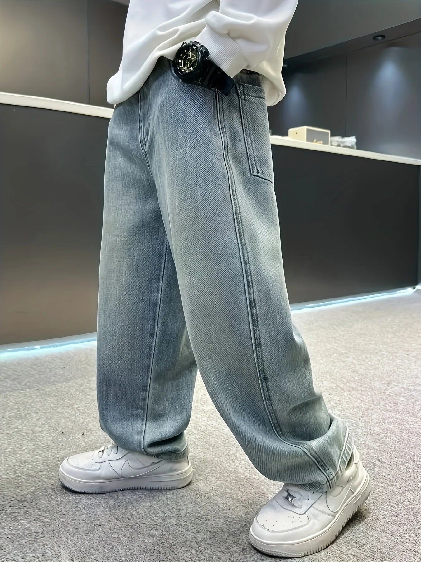 【One Pair of Pants】Boy's casual loose straight jeans, suitable for all seasons, with full elastic waistband