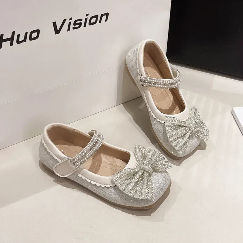 Children's Leather Shoes Bling Sequins Bowknot Princess Shoes for Girls Sweet Chic Kids Causal Wedding Shallow Versatile