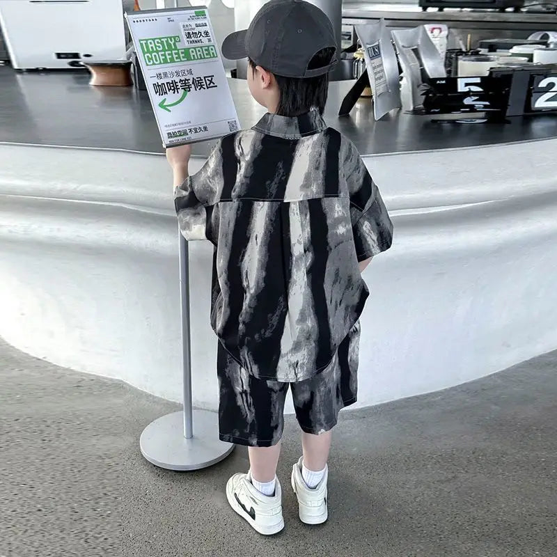 Boys Fashion Summer Tye-die Short Sleeve Shirts+Pants 2pcs Suits Years Kids Trend Streetwear Oufits Sets Children Clothing