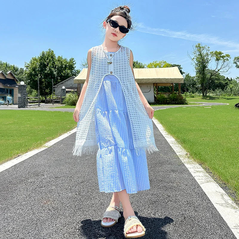 5-14Years Old Girls Dress Children Summer Sweet Beach Holiday Gown Kids Dresses Teenager Sleeveless Clothing Sets