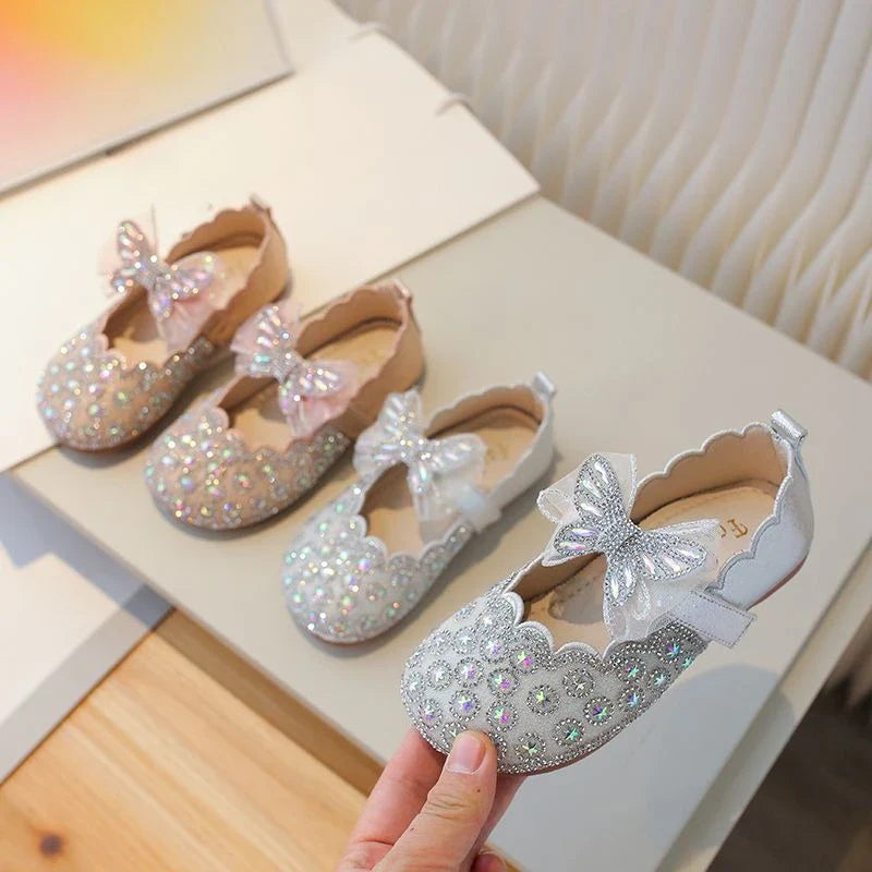Girls Crystal Princess Footwear Comfortable Flat Sole Leather Shoes for Kids Glittering Rhinestone Design