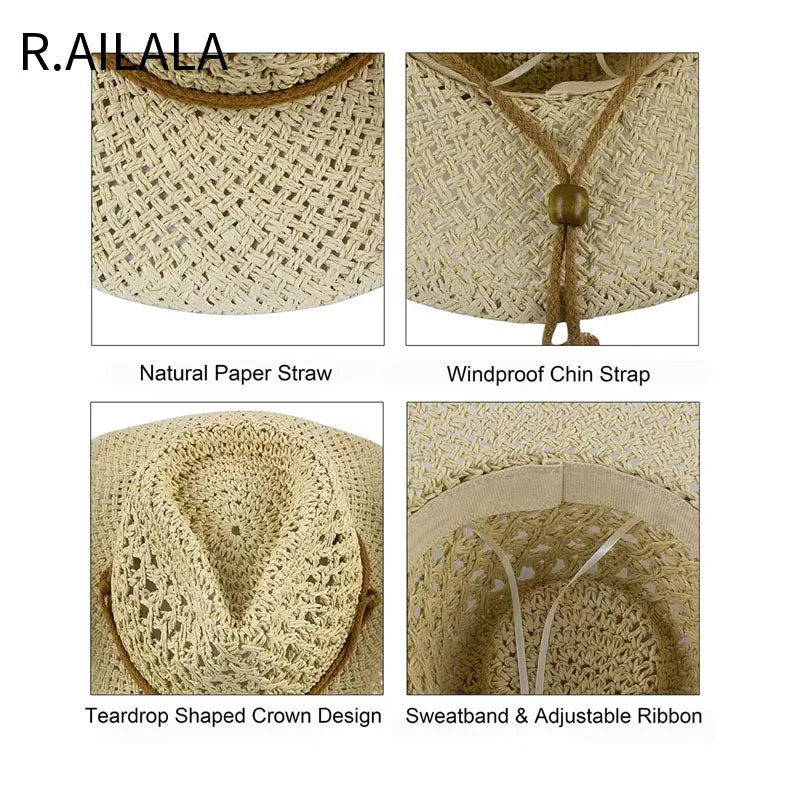 Panama Hat Summer Sun Hats for Women Man Hollow Out Beach Straw Hat for Men UV Protection Cap Chapeau Femme Women's Cowboy Hat