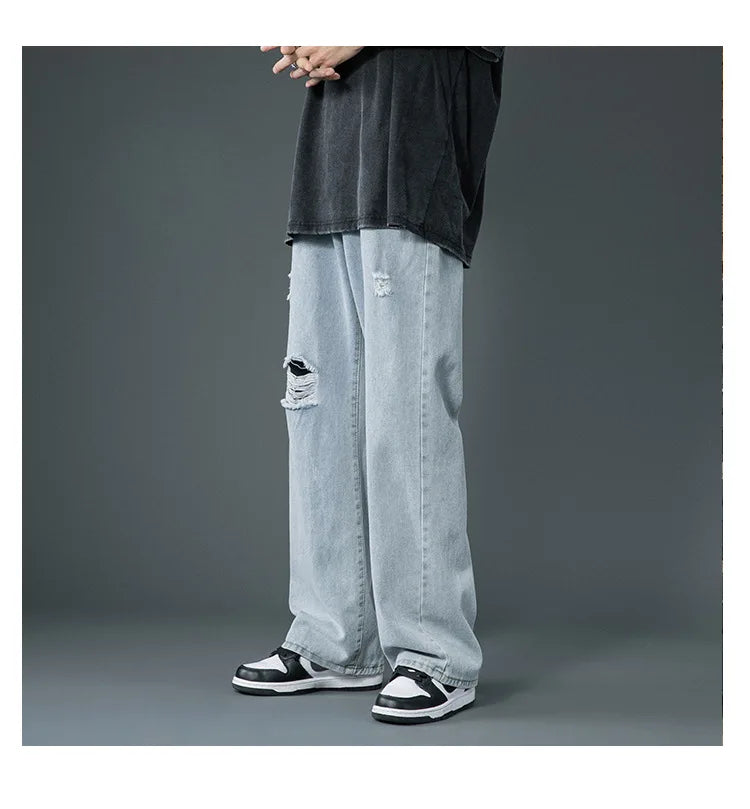 Ripped Jeans Men Ins Trendy Straight Leg Loose Wide Leg Pants High Waist Floor Mopping Denim Pants Versatile Casual Pants Men's