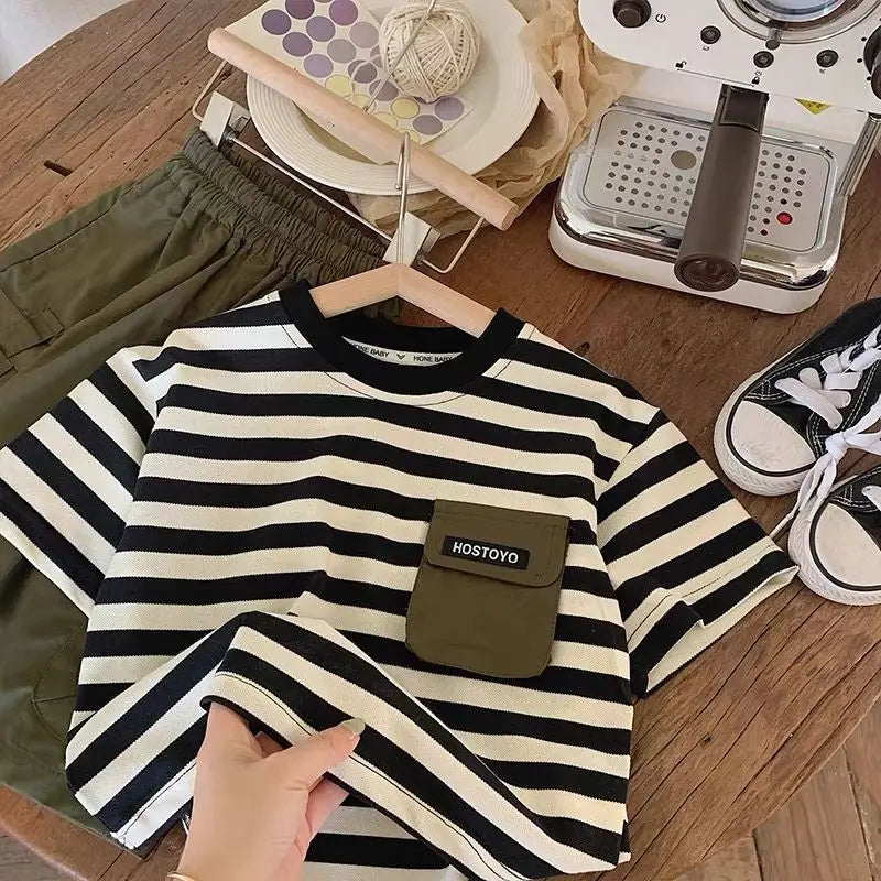 Summer Children Clothes Boys Girls Short-sleeved Striped T-shirt +Shorts 2Pcs Set Babies Fashion Round Neck Outfits Kids Suits
