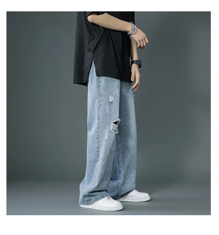 Ripped Jeans Men Ins Trendy Straight Leg Loose Wide Leg Pants High Waist Floor Mopping Denim Pants Versatile Casual Pants Men's