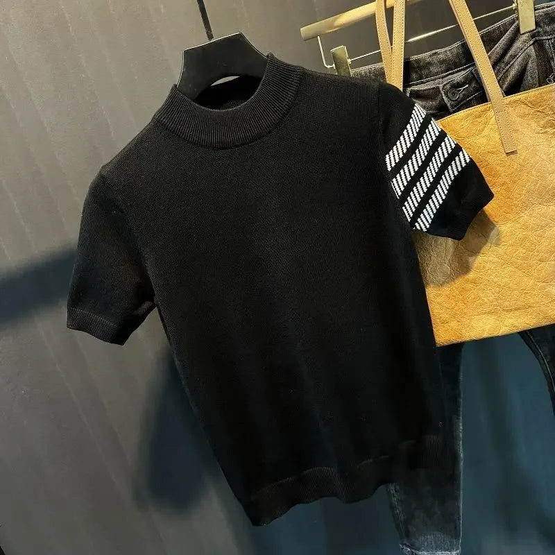 Men's Short-sleeved Sweater Slim and Simple Knitted Sweater Half Turtle Neck Jacquard Casual Thickened Base Shirt