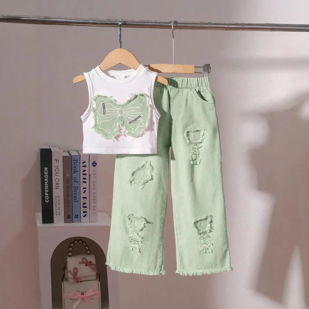 Unique Kid Set Summer Girl Sleeveless Applique Bow Camisole Top Ripped Denim Pants Two-Piece Children Suit Casual Comfortable