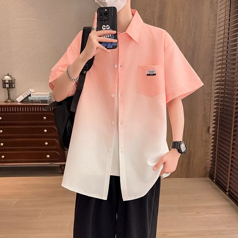 Short sleeved shirt for men, summer gradient loose shirt, retro casual trend, solid color, color blocked half sleeve