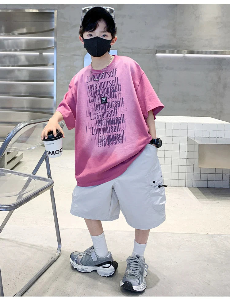 Summer Kids Outfit Sets for Boys Short Sleeve T-shirt Shorts 2PS Clothing Set Tweens Child Tracksuit Top and Bottom Clothes Set  (Available)