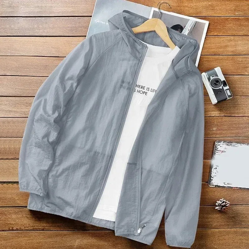 Men Summer Thin Sun Protection Jacket Outdoor Zipper Hooded Loose Casual Outerwear UV-proof Breathable Quick Dry Cycling Coats