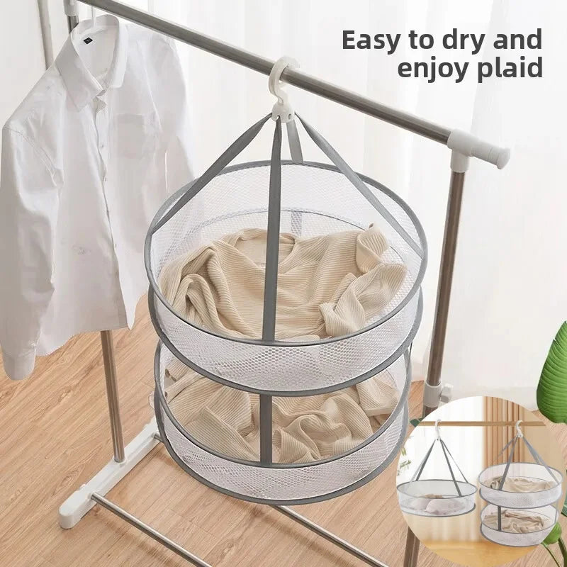 Foldable Hanging Dryer Basket - 1/2-Tier Mesh Drying Rack for Delicates, Baby Clothes & Towels, Space Saving Laundry Organizer