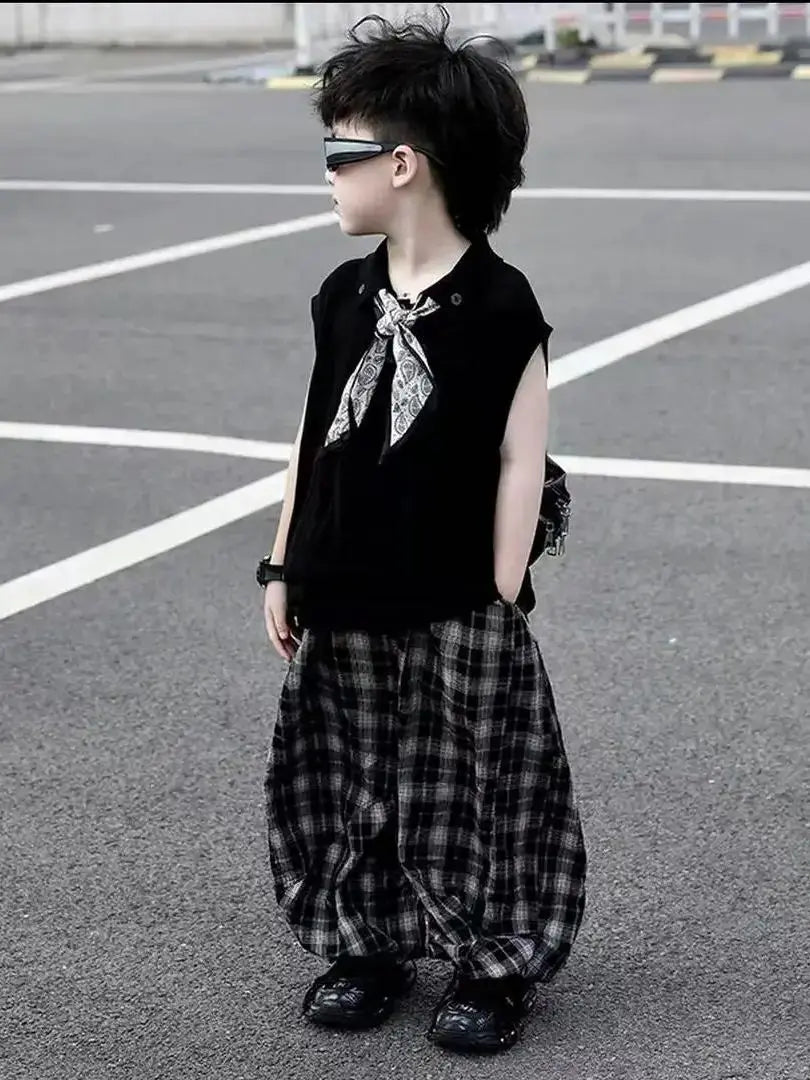 Summer Baby Boys 2Pcs Sleeveless Lapel T-shirt Top+ Thin Grid Pants Suit Children Outfit Fashion Casual Sets Handsome Clothes