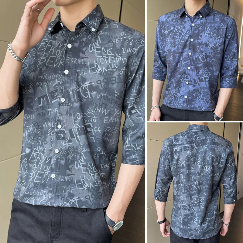 Men's Stylish 3/4 Sleeve Shirt English Letter Print Casual Turn-Down Collar Summer Fashion Breathable Loose Fit Top