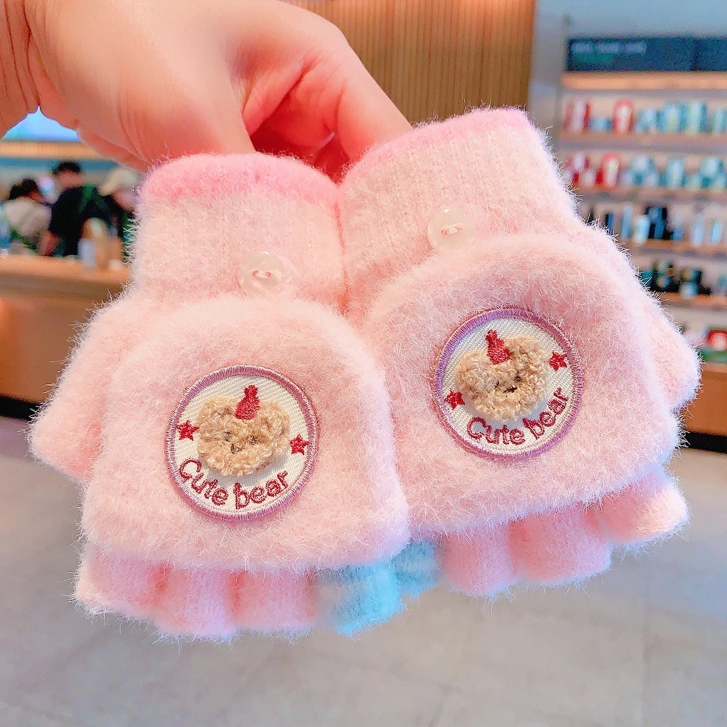 Winter Plush Knitted Cartoon Rabbit Flexible Flip-top Gloves Thicken Warm Cute Gloves For Baby Girls Half Finger Children Gloves