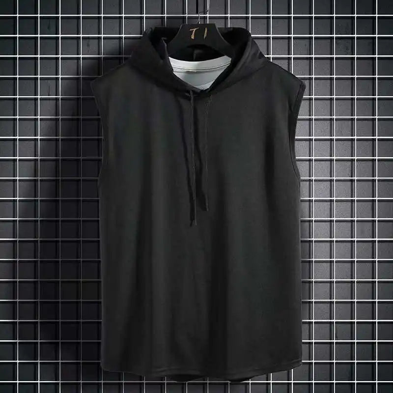 Summer men's sleeveless hooded vest, casual style solid color versatile T-shirt