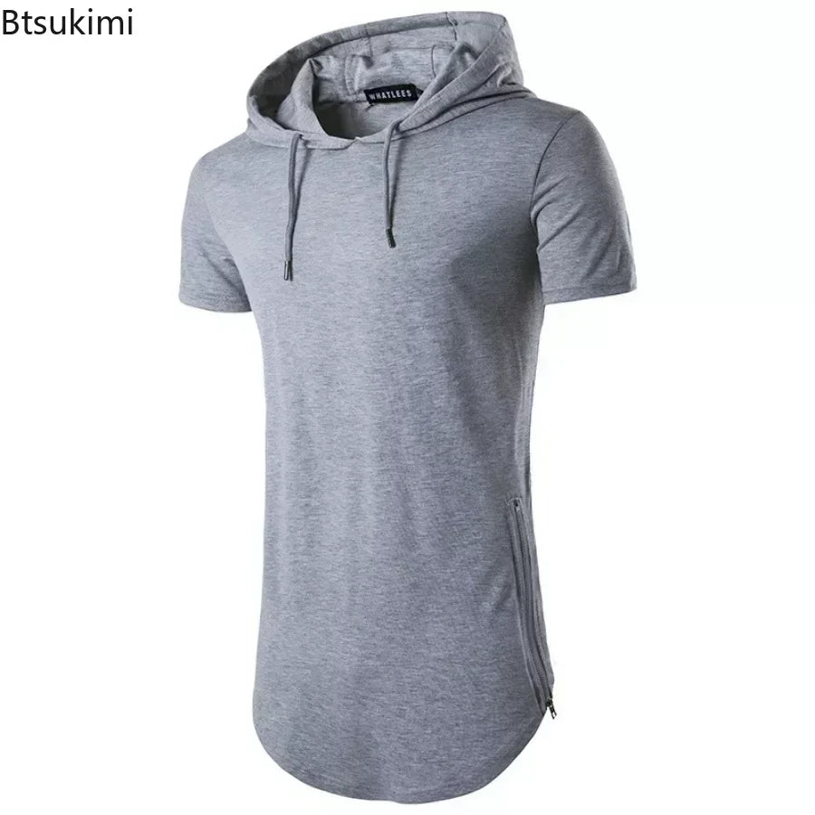 2025 Men's Summer Short Sleeve Hooded T-Shirt Solid Long Hip Hop Tops Fashion Side Zipper Streetwear Casual Sport Tees for Men