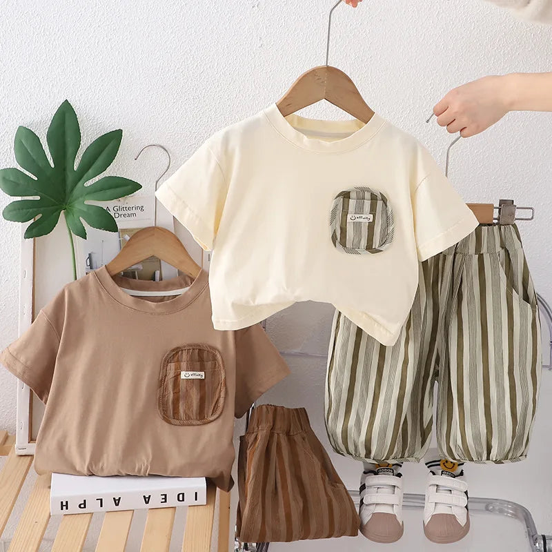 Summer Kid's Clothing Sets Boys' Short Sleeve Outfit Vertical Stripes T-shirt Pants 2Pcs Trendy Children's Costume Stylish