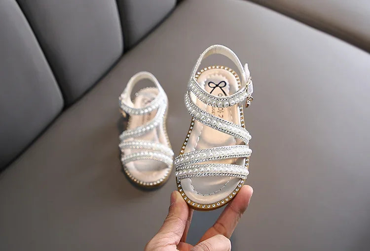 Summer Children's Sandals Korean Style Open-toe Kids Girls Causal Rhinestone Pearl Flats Sandals Fashion Princess Dress Shoes
