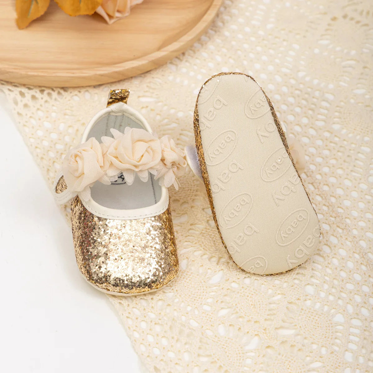 Gold Tie Cute Bow Flower Baby Princess Shoes Wedding Birthday Party Non-Slip Soft Sole Baby Toddler Shoes
