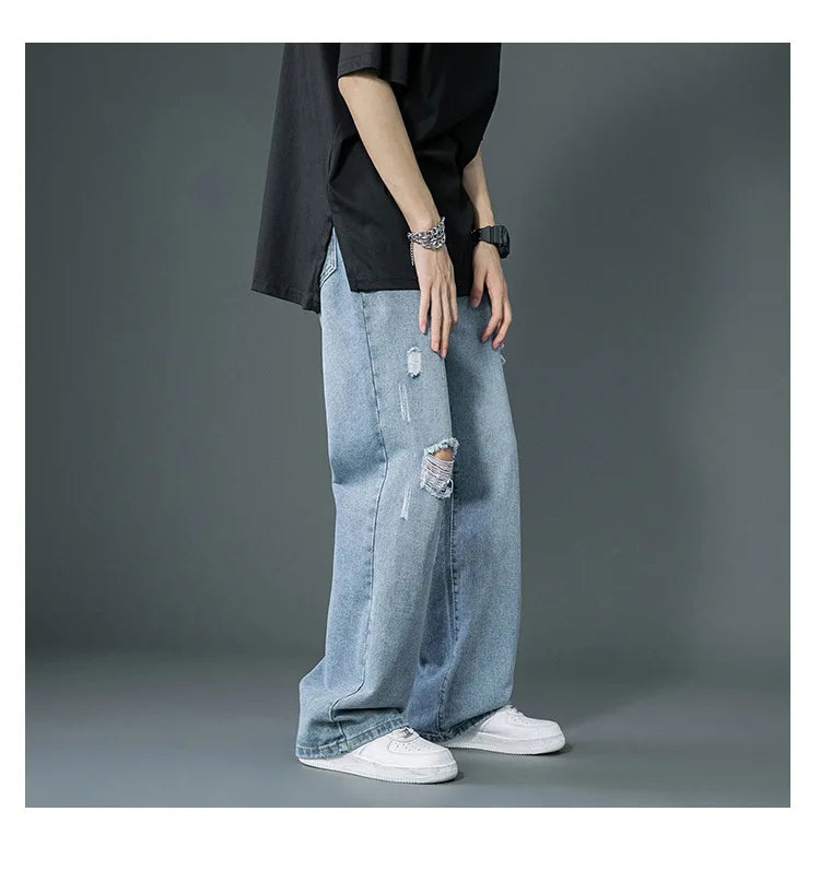 Ripped Jeans Men Ins Trendy Straight Leg Loose Wide Leg Pants High Waist Floor Mopping Denim Pants Versatile Casual Pants Men's