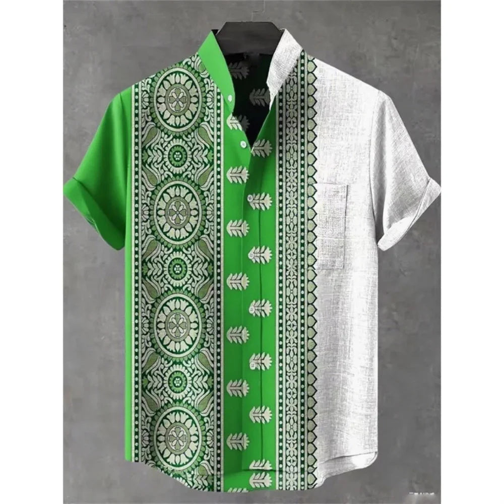 Men's summer shirt, fashionable stand up collar short sleeved cardigan, ethnic tribal printed pocket, linen breathable men's top   (Available)