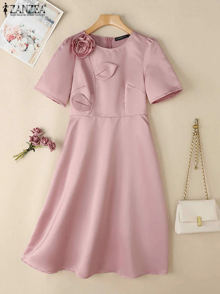 Woman Party Dresses Shiny Satin Round Neck Short Sleeve Fabric Flower A-line Robes Femme Fashion Midi Vestidos