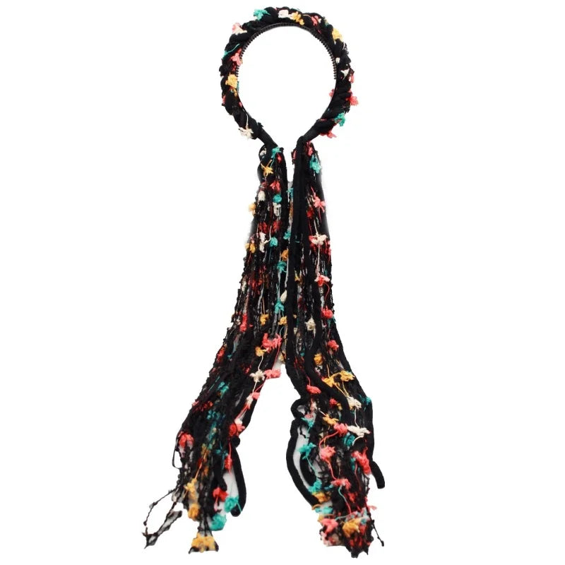 Chinese Tibetan Retro Faux Fur Meilard Colorful Long Tassel Ribbon Braid Hairband