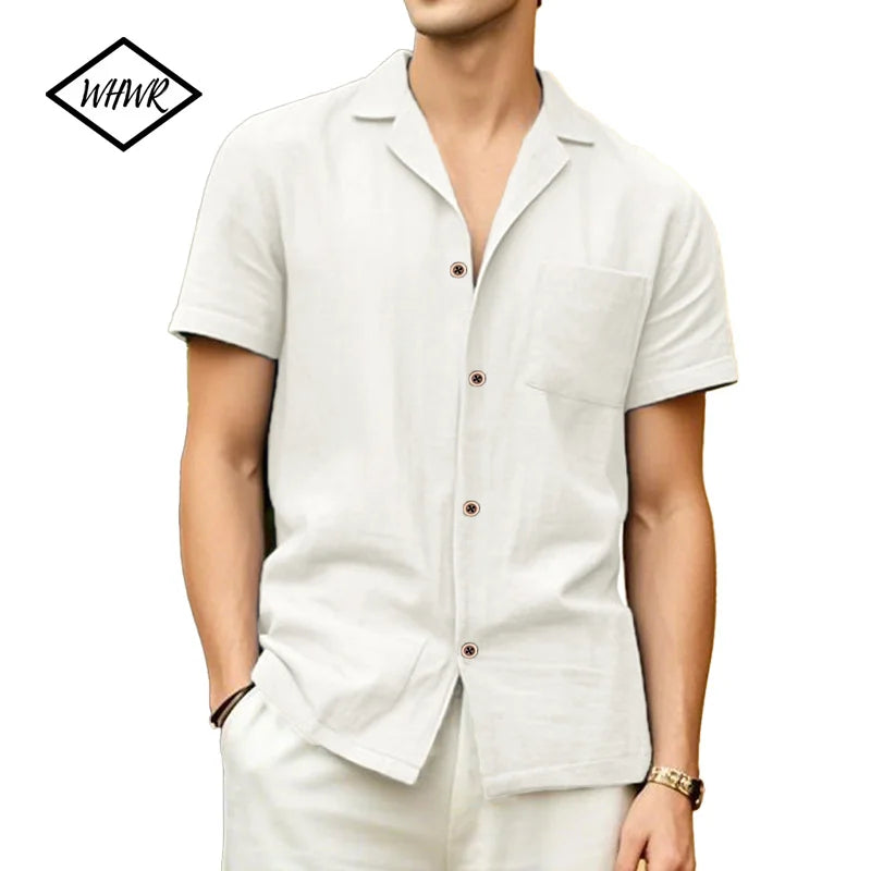 2025 Men's Short-Sleeved Shirts New Cotton Linen Hot Sale Summer Solid Color Turn-down collar Casual Beach Style Plus Size