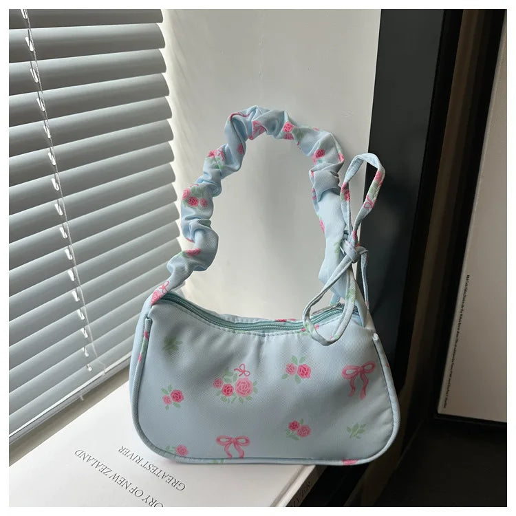 Women's Bags  Summer Nylon Pleated Handbags Armpit Bag Korean Floral Bow Printed Zipper Tote Bag Female Small Shoulder Bags