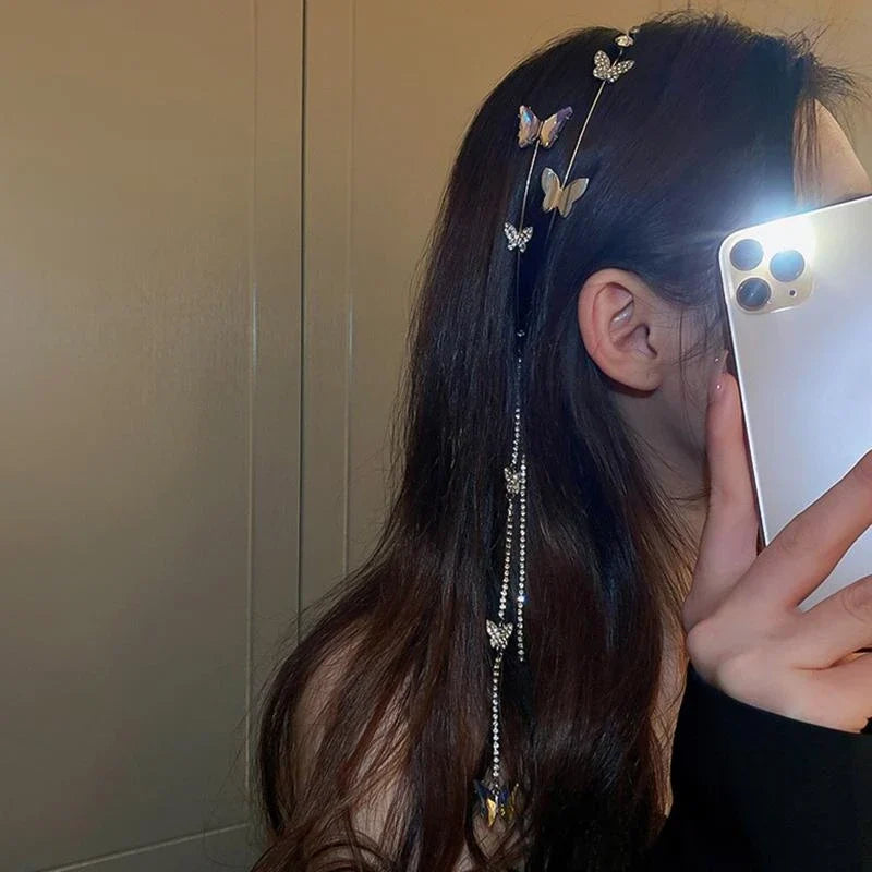 Shinning Silver Color for Rhinestone Thin Side Headband Long Sparkly Tassel Hair Hoop Fashion Women Hairstyle Headwear