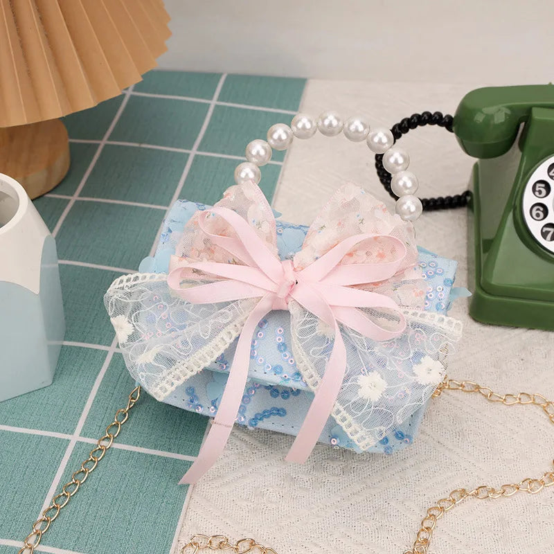 Cute Sequin Bow Kids Mini Square Shoulder Bags Versatile Children Chain Crossbody Bag Lace Girls Pearl Handbags Clutch Purse