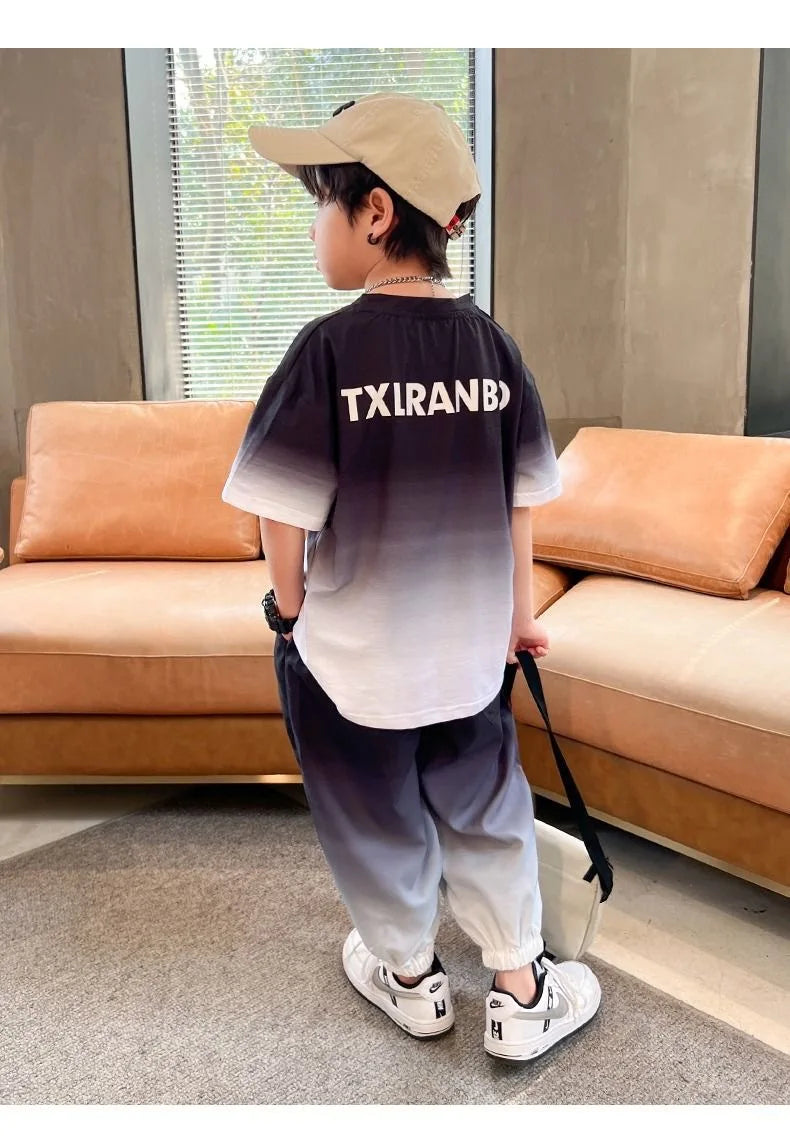Summer teenager Boys Sports Suit Letter T Shirt + hip hop shorts Pants Kids Clothes Tracksuit 4 5 6 7 8 9 10 11 12 Years