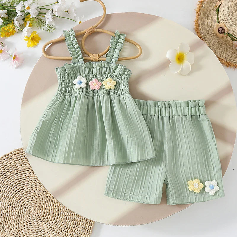 0-4years Baby Girl Summer Outfit 3D Flower Design Ruffled Trim Smocked Sleeveless Tops and Shorts 2 Pcs Set for Toddler girls