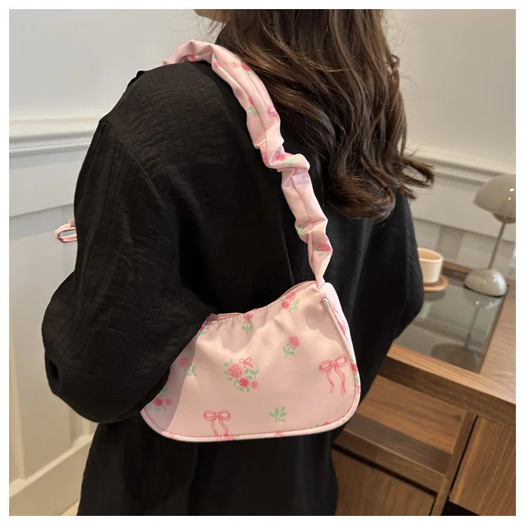Women's Bags  Summer Nylon Pleated Handbags Armpit Bag Korean Floral Bow Printed Zipper Tote Bag Female Small Shoulder Bags