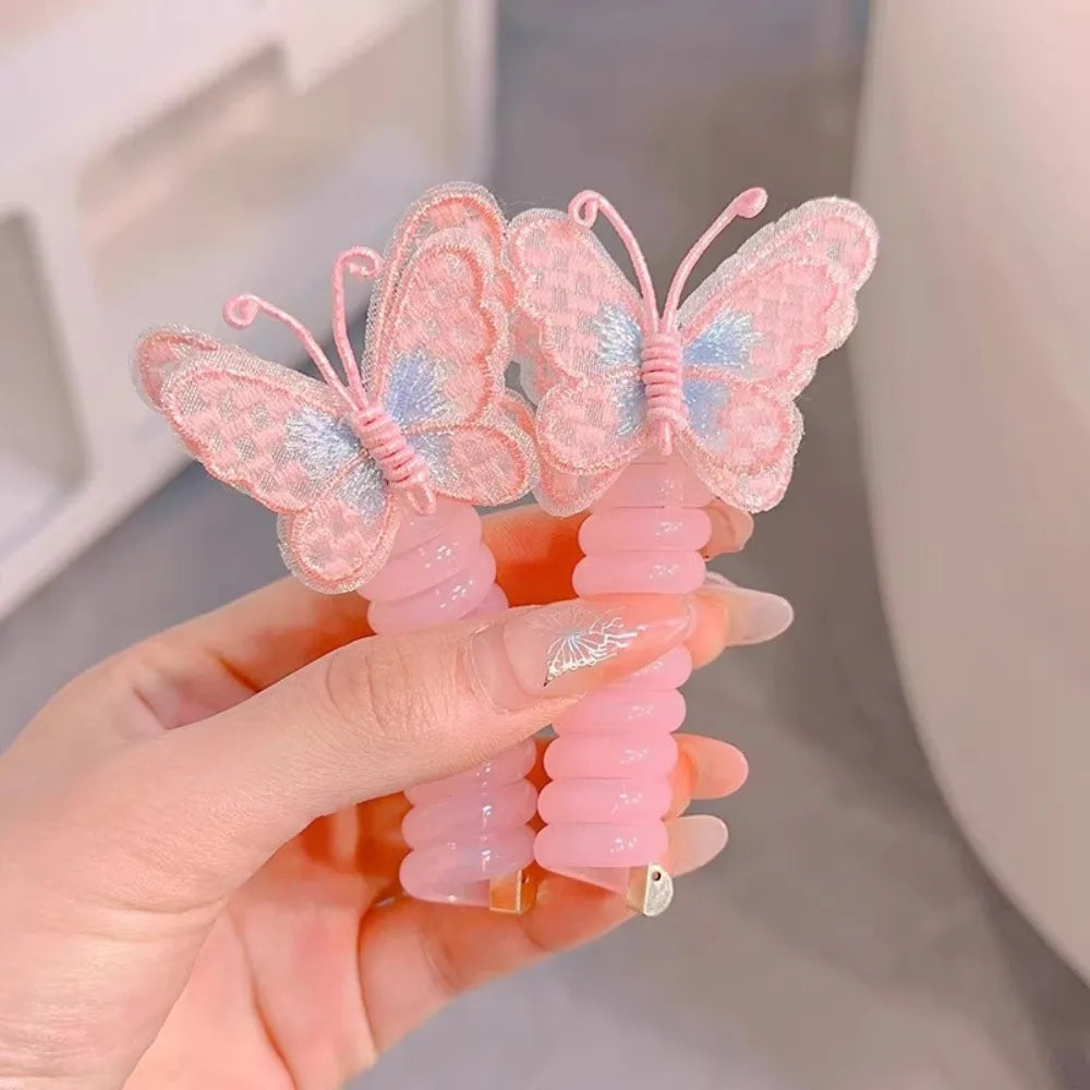 Cute Elastic Telephone Wire Line DIY Butterfly Hair Bundle Phone Cord Ponytail Holder Girls