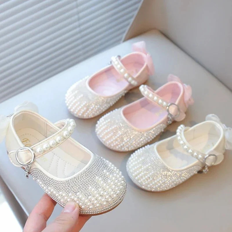 New Pearl Bowknot Elegant Kid's Princess Shoes Fashionable Sweet Children's Shoes