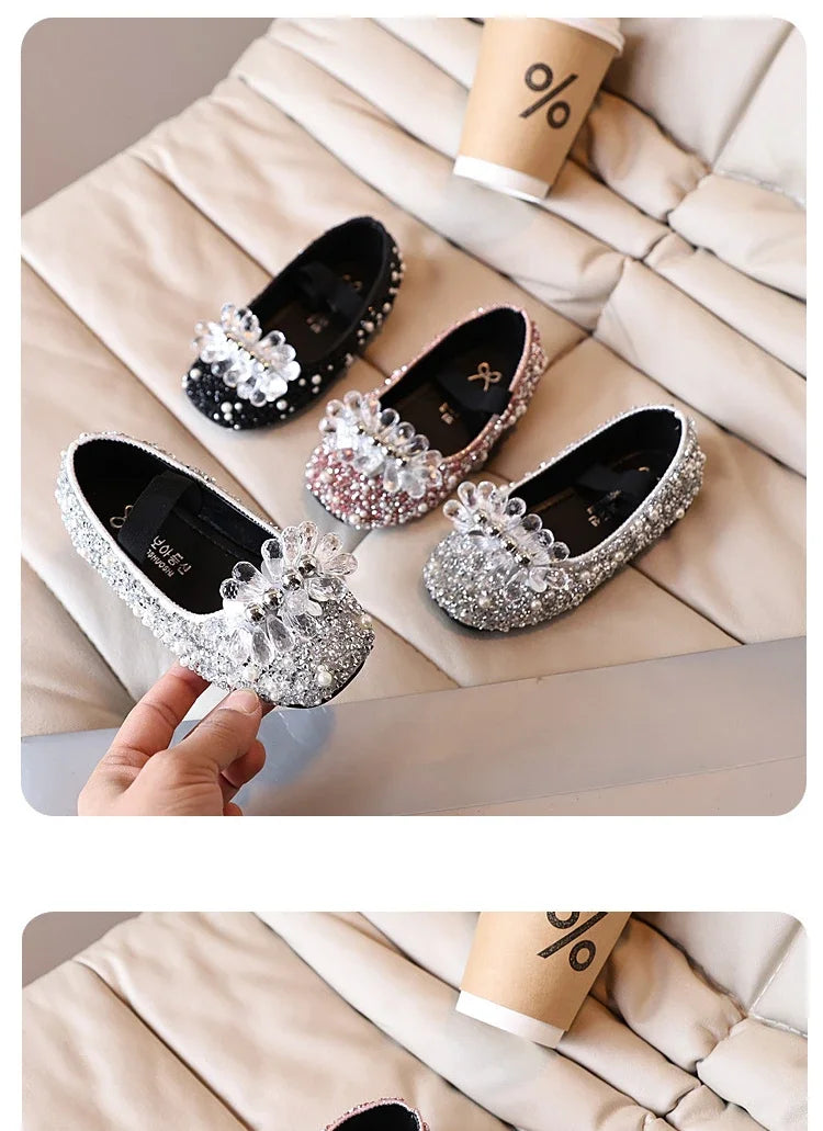 Children's Shoe for Girl Fashion Rhinestone Kids Leather Shoes Sequins Princess Ballet Slip-on Versatile Toddler Casual Shoes