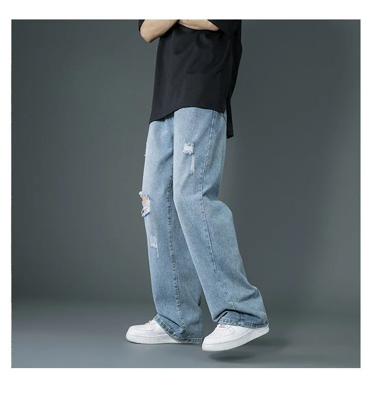 Ripped Jeans Men Ins Trendy Straight Leg Loose Wide Leg Pants High Waist Floor Mopping Denim Pants Versatile Casual Pants Men's