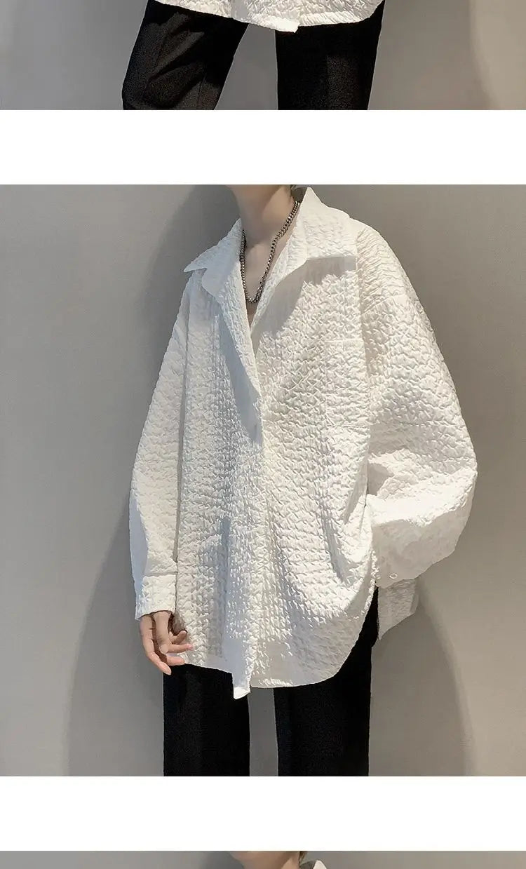 Men's White Textured Oversized Long Sleeve Shirt Loose Casual Wrinkle Fabric Button Down Blouse Fashion Streetwear Tops