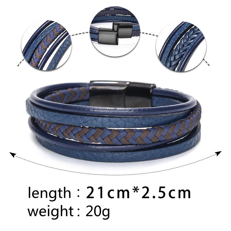 Trendy Leather Bracelets For Men Stainless Steel Bracelet 21CM Multilayer Braided Rope Bracelets for Male Jewelry Gifts