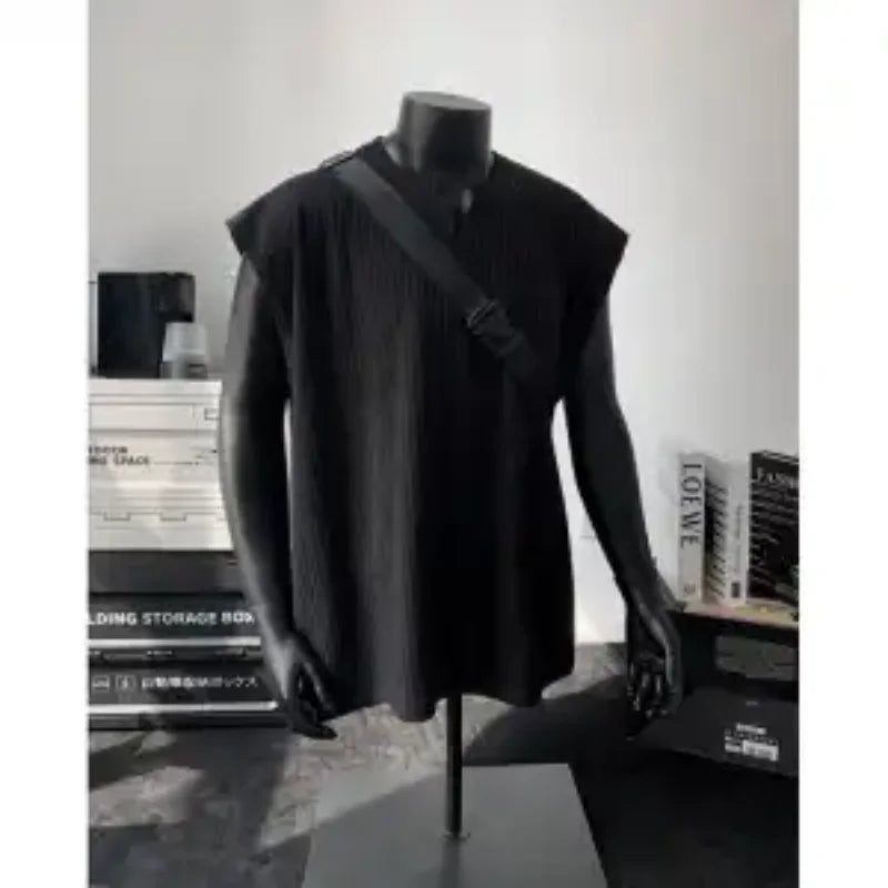 Striped Vest Men's Summer American Sleeveless V-Neck T-Shirt Textured Solid Fitness Sweatshirt