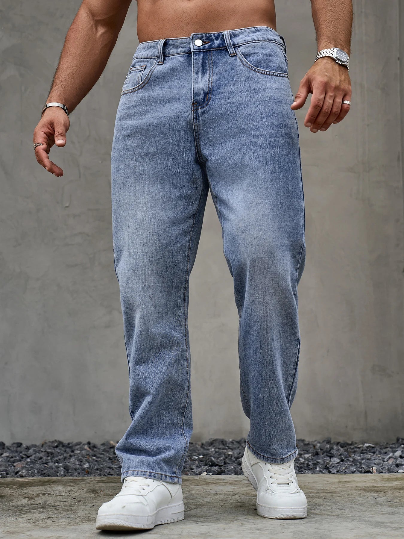 Men's Loose Fit Casual Blue Jeans Basics Versatile Style Straight Leg Denim Trousers Soft and Durable Pants for All Season Wear