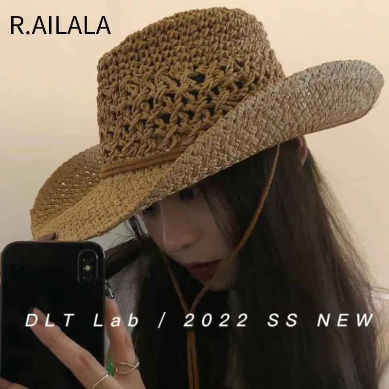 Panama Hat Summer Sun Hats for Women Man Hollow Out Beach Straw Hat for Men UV Protection Cap Chapeau Femme Women's Cowboy Hat