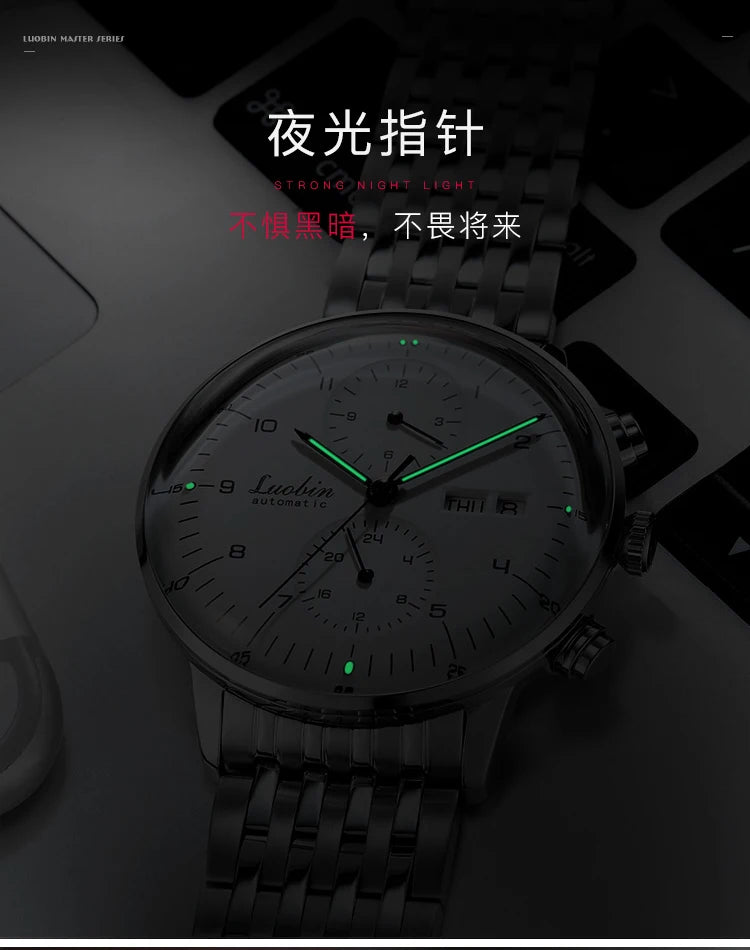 Mens Business Watch Mechanical Movement Multifunction Chronograph Stainless Steel Waterproof Automatic Calendar Sapphire