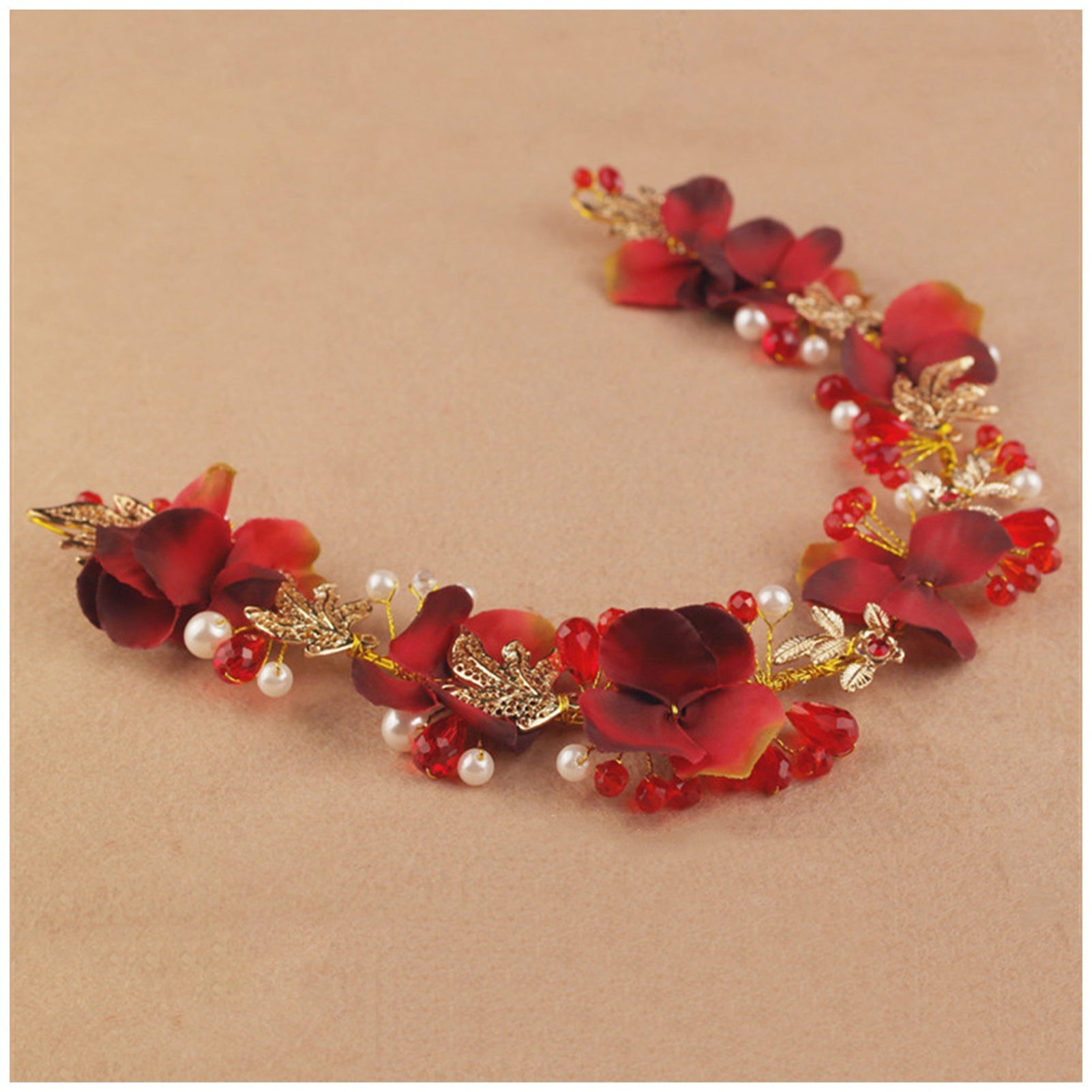 Artificial Flower Hairband Wedding Tiaras For Women Red Floral Pearl Headband Elegant Girls Hair Hoop Bridal Headwear Jewelry